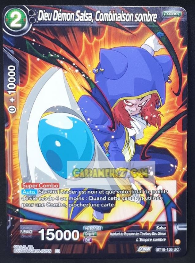 Carte Dragon Ball Super Card Game Zenkai Series Dawn Of The ZLegends BT18-136 UC (Fr) (2022) bandai dieu démon salsa combinason sombre dbscg commune cardamehdz point com