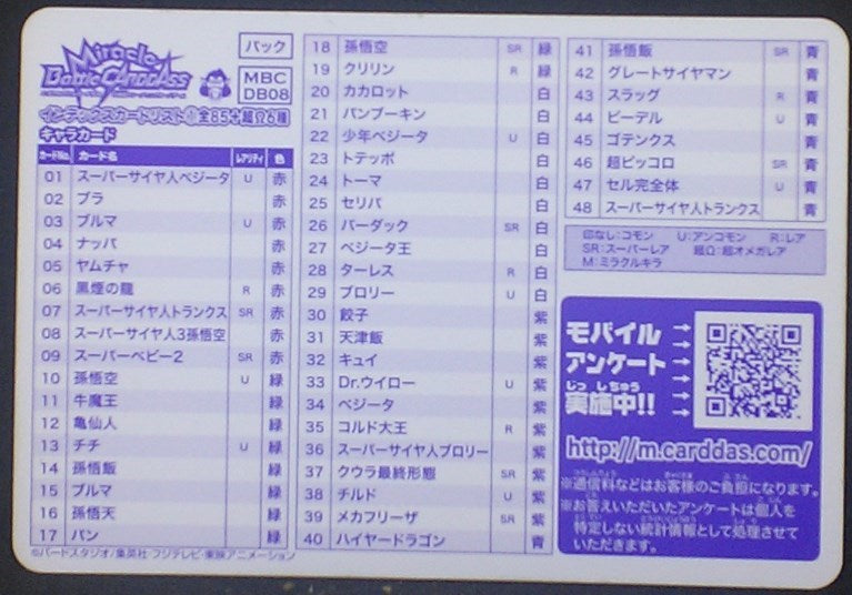 tcg jcc carte dragon ball z Miracle Battle Carddass Part 8 Checklist n°1 (2011) bandai dbz cardamehdz